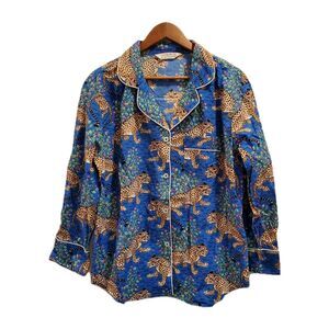 Print Fresh Size Medium Long Sleeve Pajama Top Blue Bagheera Leopard Cotton Top